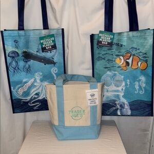 Trader Joe's Recycled Ocean Plastic Tote Bags and one viral Canvas bag blue